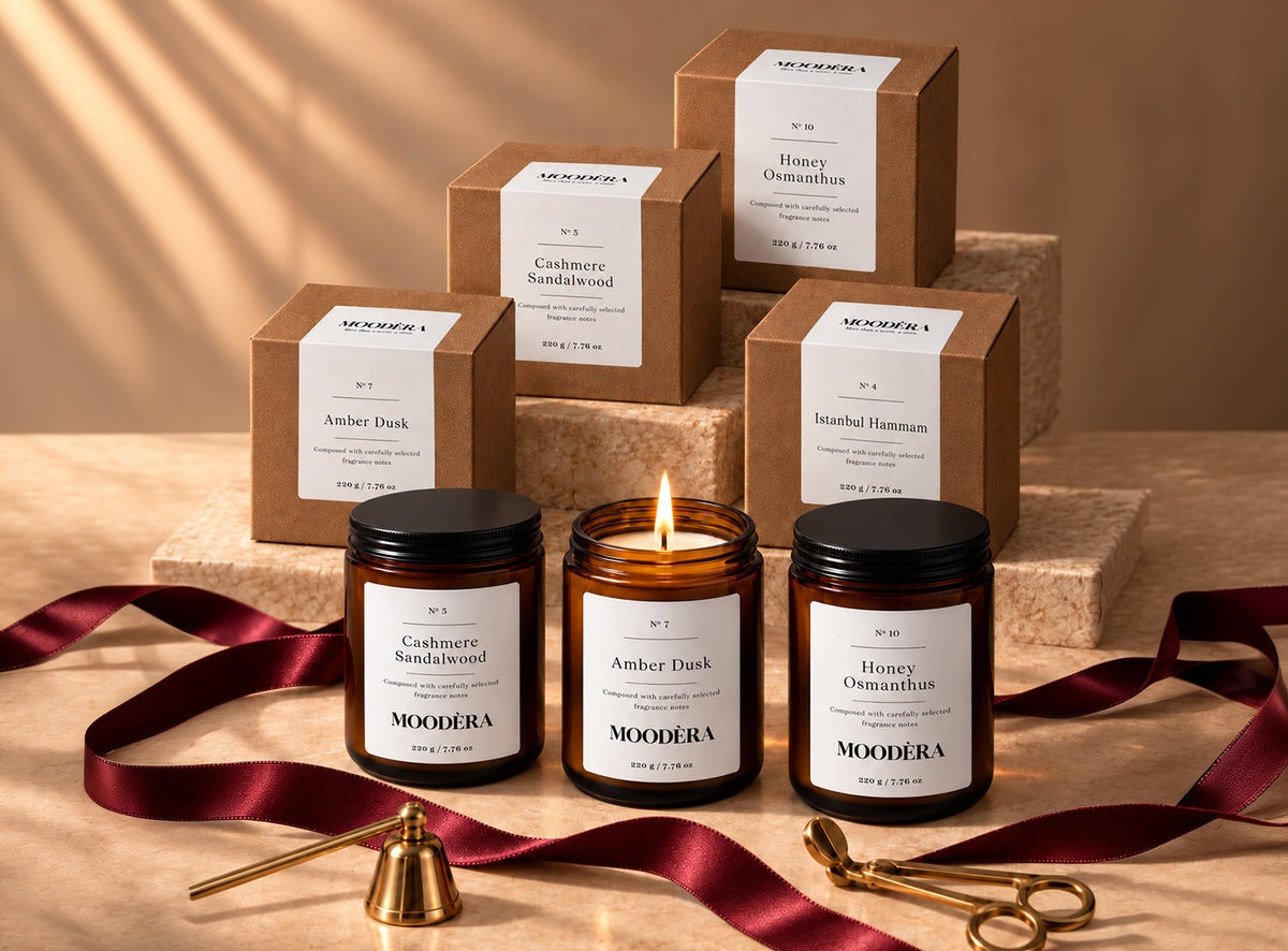 Moodèra jar beside its kraft box
